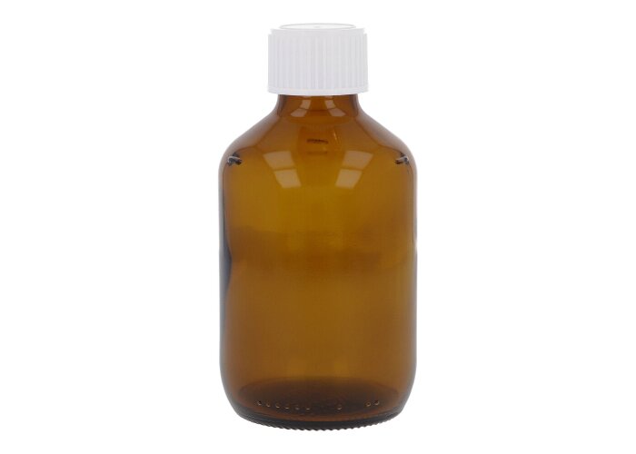 Braunglasflasche 200 ml, mit Gießring & Verschluss