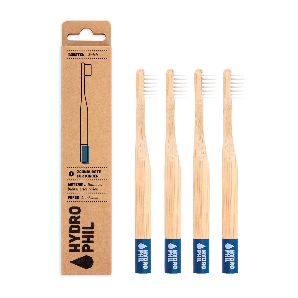 Hydrophil Bambus Kinderzahnbürste Weich, blau, 4er Pack