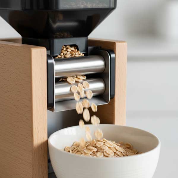 Nahaufnahme des Walzwerks eines Flockers, aus dem frische Haferflocken in eine Müslischale fallen