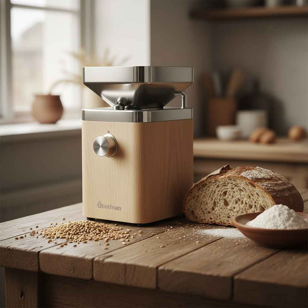 Moderne Getreidemühle neben einem Brotlaib und einem Glas voller Getreidekörner
